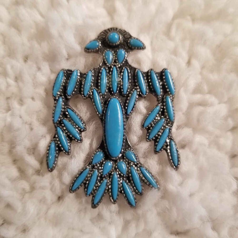 Vintage Signed Faux Turquoise Thunderbird Bolo Pendant